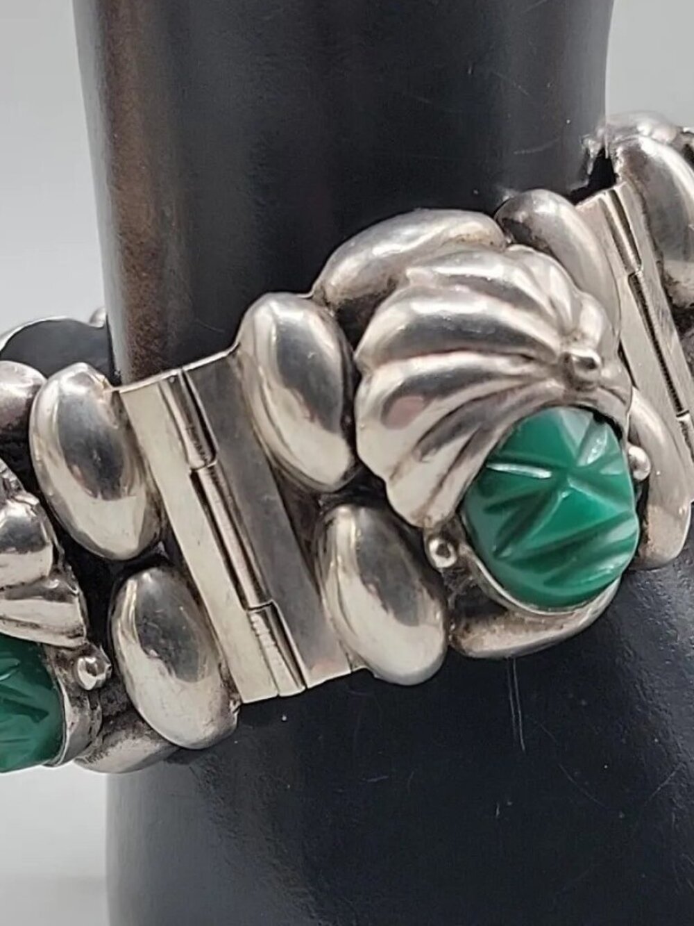 VTG Rancho Alegre Taxco 925 Green Onyx 5-Face Portrait Panel Bracelet 60.67g 7" - Picture 3 of 16